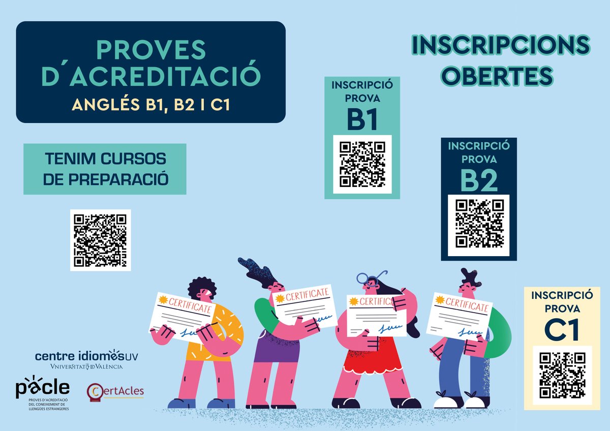 centreidiomes's tweet photo. 😁Tens el TFG, els crèdits i l'alegria de pensar en l'estiu que te vas a passar però, 🙀 et falta el B1 d'anglés!🫣

🙌Calma, que encara arribes.
🤗Tenim els certificats PACLE per a B1, B2 i C1
I cursos intensius de preparació!😎
Apunta't ja, que volen💥
https://t.co/xV2u2N6yli https://t.co/m7rtfz1zjH