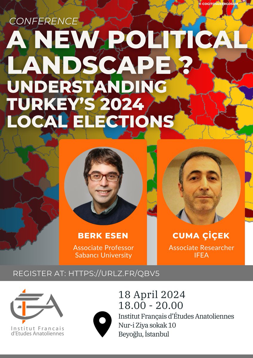 Remember to register for the conference on April 18, 2024 / 18:00-20:00 (Istanbul), "A New Political Landscape? Understanding Turkey's 2024 Local Elections".

In-person participation: urlz.fr/qbV5 
Online conference: zoom.us/meeting/regist…