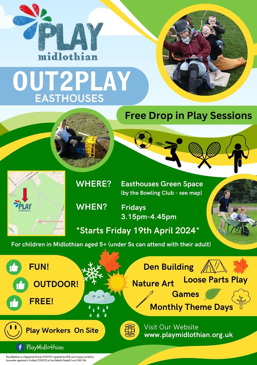 FREE OUTDOOR PLAY SESSIONS! Here's a great opportunity to get outside & enjoy fun play with our friends @PlayMidlothian🏞️ Den building Games Nature art ...and much more!🏕️🎨🌿 Starts this Friday - come along & join the fun! For 5 years & up (under 5s welcome with an adult)