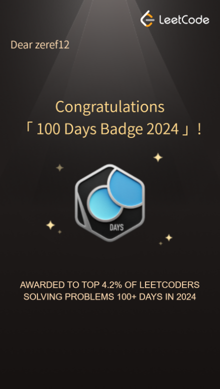 zeref12_'s tweet photo. TODAY I -
1) got the 100 days badge on LeetCode!
2) completed my 400th question with it!!

#leetcode #100xDevs #DSA #100daysofcoding #CodingJourney https://t.co/h8or5A4pL2