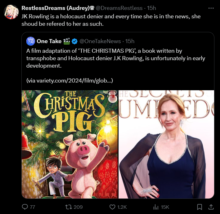 Not sure if this should be considered as a pathetic attempt to cancel a (succesful) woman for speaking out her mind or being just a sheep who follows the flock.
I tend towards the first possibility. Those who know that this 👇 isn't true should #StandWithJKRowling
