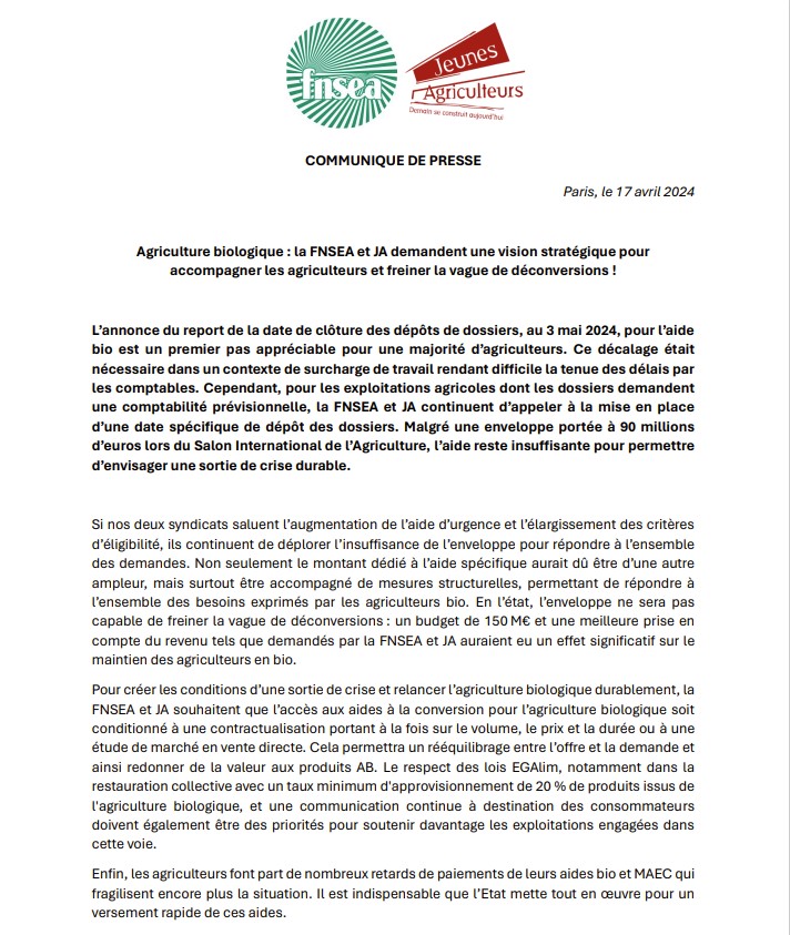 [CP] Agriculture #biologique : la FNSEA et JA demandent une vision stratégique pour accompagner les agriculteurs et freiner la vague de déconversions ! Notre #CP avec @FNSEA 👇 jeunes-agriculteurs.fr/wp-content/upl…