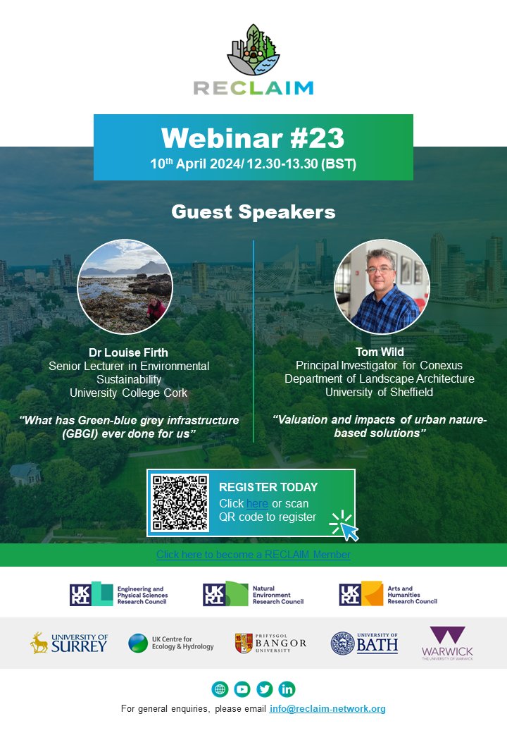 Catch up on last week's fascinating webinar to learn about the valuation & impact of urban nature-based solutions with Tom Wild from @sheffielduni &understand what GBGI has ever done for us, especially blue infrastructures, with @Louise_Firth_IE from @UCC youtube.com/watch?v=DQyESQ…