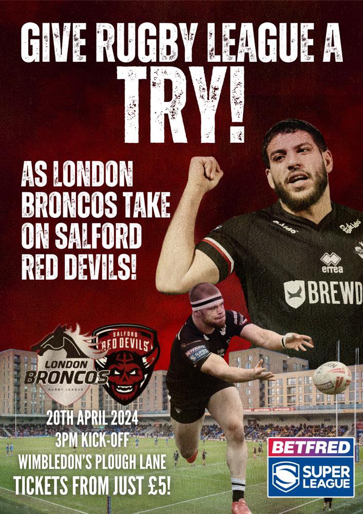 LondonBroncosRL's tweet photo. 𝐆𝐈𝐕𝐄 𝐑𝐔𝐆𝐁𝐘 𝐋𝐄𝐀𝐆𝐔𝐄 𝐀 𝐓𝐑𝐘!

𝑼𝒑 𝒏𝒆𝒙𝒕 we are back in action at Plough Lane and we need your support as we take on @SalfordDevils 🫵

Get behind the lads and bring a friend this Saturday and enjoy some @SuperLeague🏉

🎟️ https://t.co/MnqNkvOytP

#WeAreLondon🏉 https://t.co/m1Ki5xbvP7