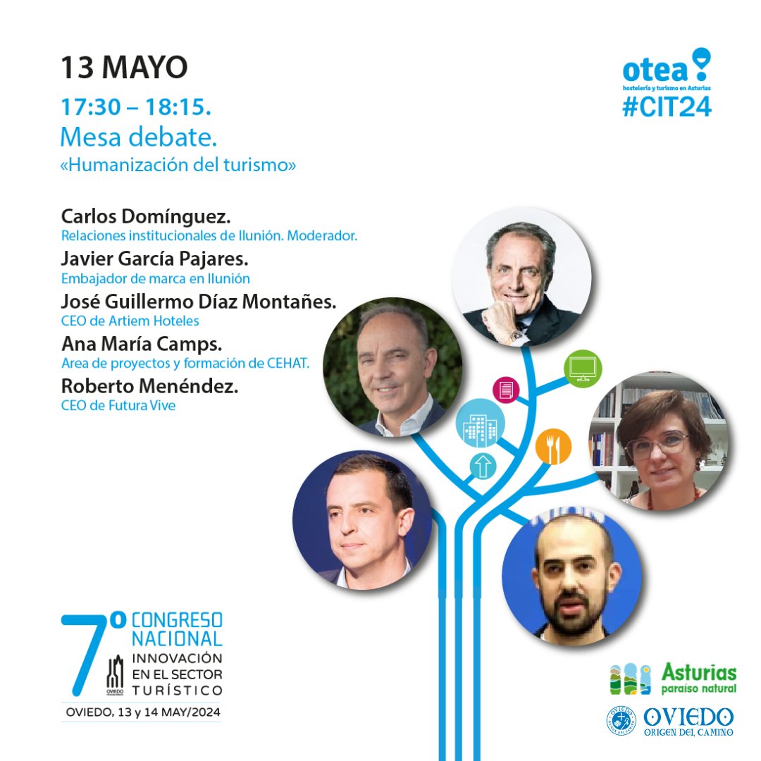 🔵 #CIT24 📣 Mesa debate. «Humanización del turismo» 👉Javier García. Embajador de marca en @ILUNION 👉José Guillermo Díaz. CEO de @artiemhotels 👉Ana María Camps. Área de proyectos y formación @CEHATes 👉Roberto Menéndez. CEO Futura Vive 👉Carlos Domínguez. RRII @ILUNION