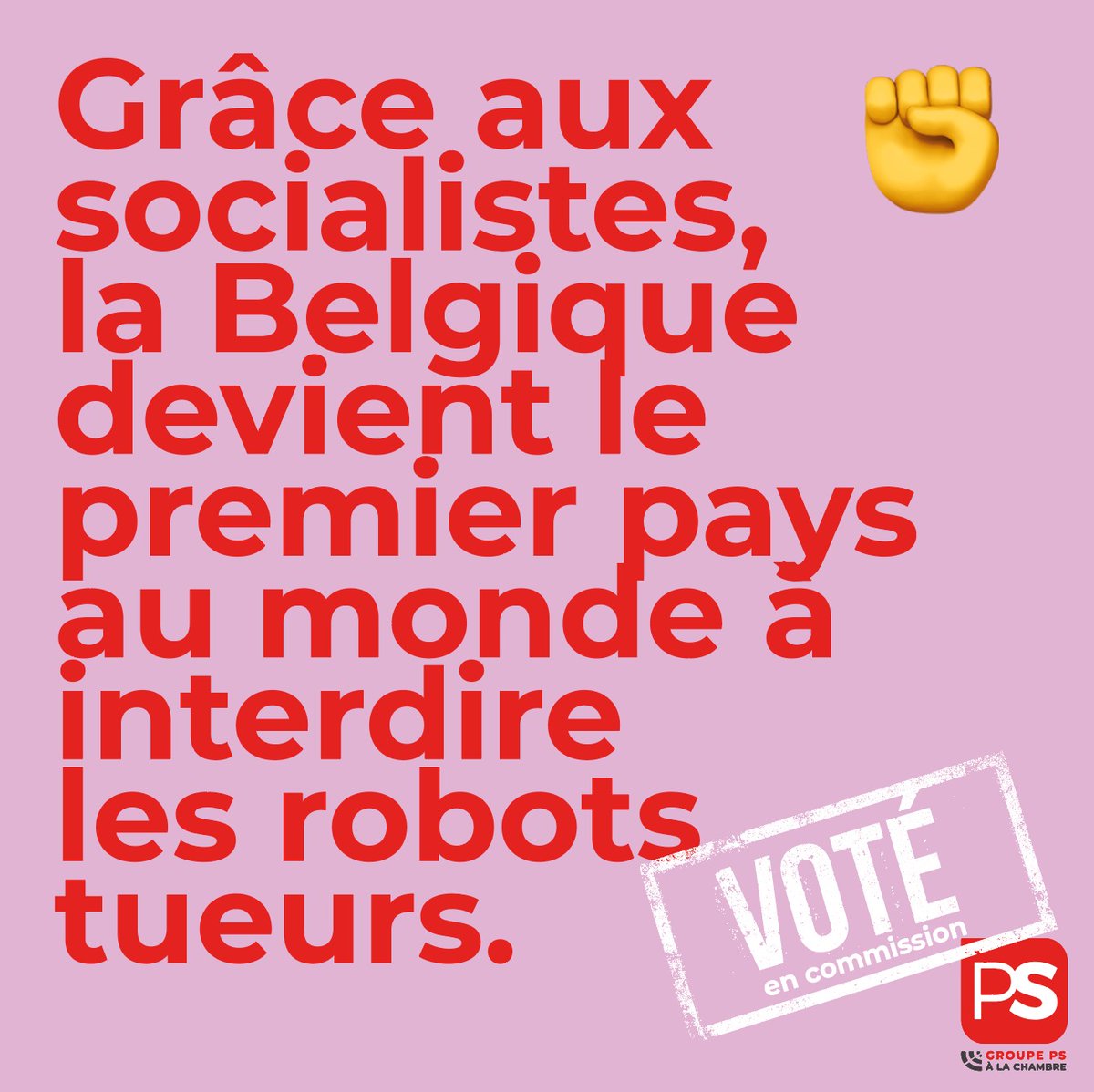 🔴La Belgique interdit les robots tueurs!
La proposition socialiste qui ajoute les armes létales autonomes à la liste des armes prohibées a été adoptée en 1ère lecture #KillerRobots
« Il est inacceptable qu’un robot puisse prendre seul une décision de vie ou de mort! » @LacroixCh