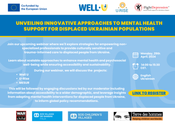 📢Save the date! 🗓️29 April 2024, 14:00 CET 🎟️Register: childhub.org/en/child-prote… This collaborative #WellU webinar will showcase the groundbreaking efforts of #EU4Health-funded projects in providing vital mental health support to Ukrainian refugees. Join us on 29 April!🤝🇺🇦