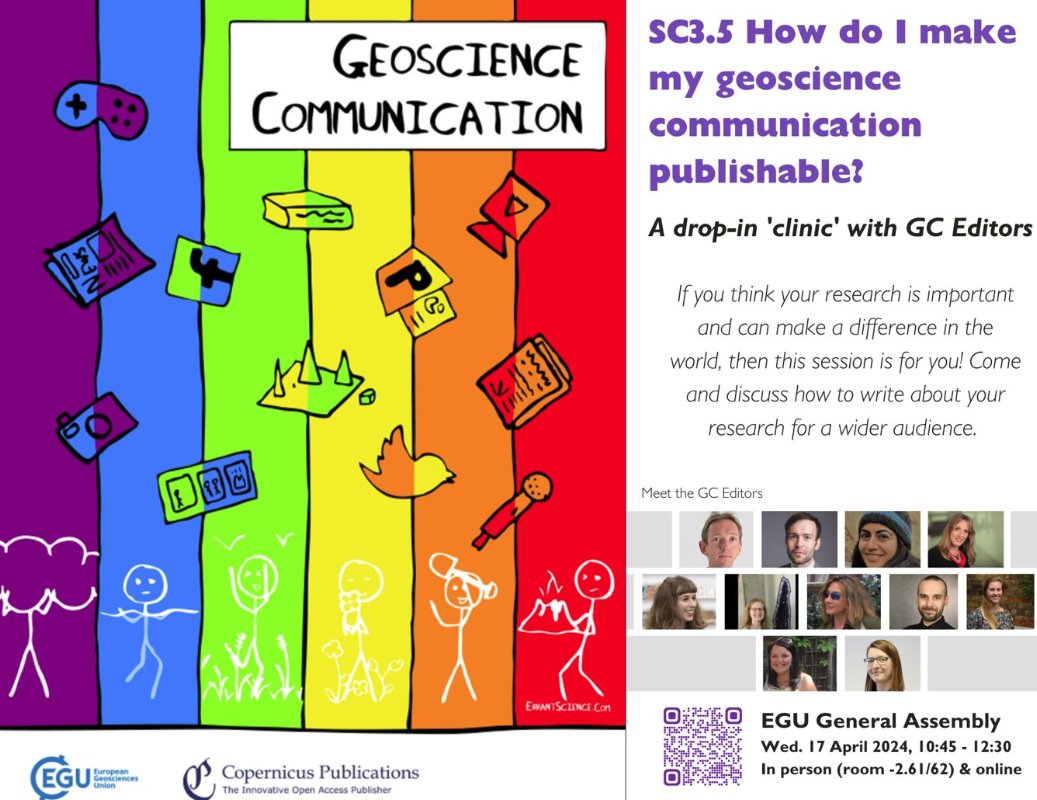 Are you attending #EGU24? Want to publish your #geoscience #communication work? Then join @EGU_GC editors for this drop-in publication 'clinic'. 👉TODAY, 17 Apr, 10:45 CEST in room -2.61/62 and Online: meetingorganizer.copernicus.org/EGU24/session/…