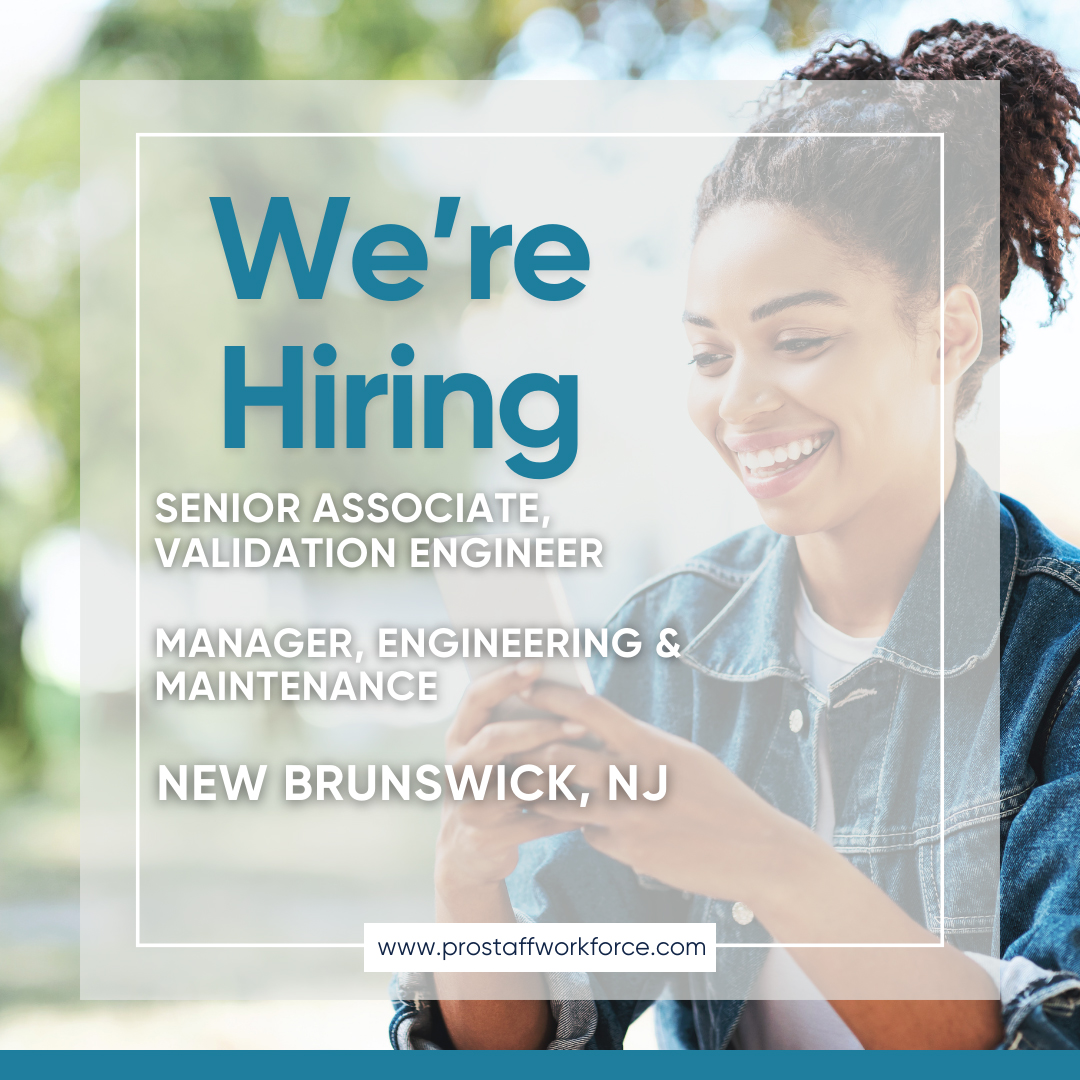 WE’RE HIRING! Two great roles in New Brunswick, NJ!
- Senior Associate, Validation Engineer
- Manager, Engineering & Maintenance

Apply online at prostaffworkforce.com/job-openings/

#engeneeringjobs #maintenancejobs #newbrunswicknj #newjob #careers #njjobs #staffing #recruiting #prostaff