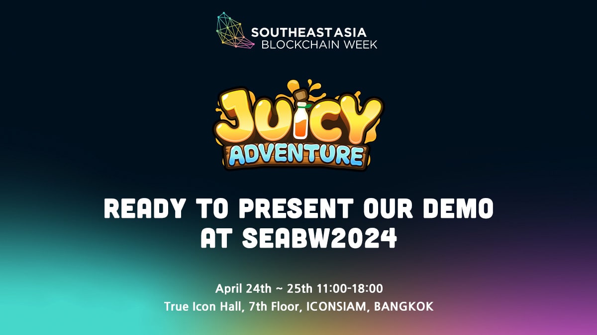 #JuicyAdventure is gearing up for <a href="/SEABWofficial/">Southeast Asia Blockchain Week</a> 😎

Excited to showcase our demo at SEABW2024 from April 24th to 25th! If you're in Bangkok, swing by our booth on the 7th floor of ICONSIAM😘

Also, get tickets at 20% off with code "JUICY20" and see you there😝