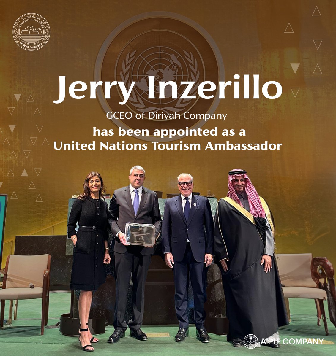 DiriyahCo's tweet photo. We are proud to announce that our GCEO, Jerry Inzerillo, was appointed as the first-ever UN Tourism Ambassador in Saudi Arabia. 

This recognition comes as a celebration of his 5-decades long career and his countless contributions to sustainable tourism in #Diriyah and beyond. https://t.co/MrQnbhlrw5