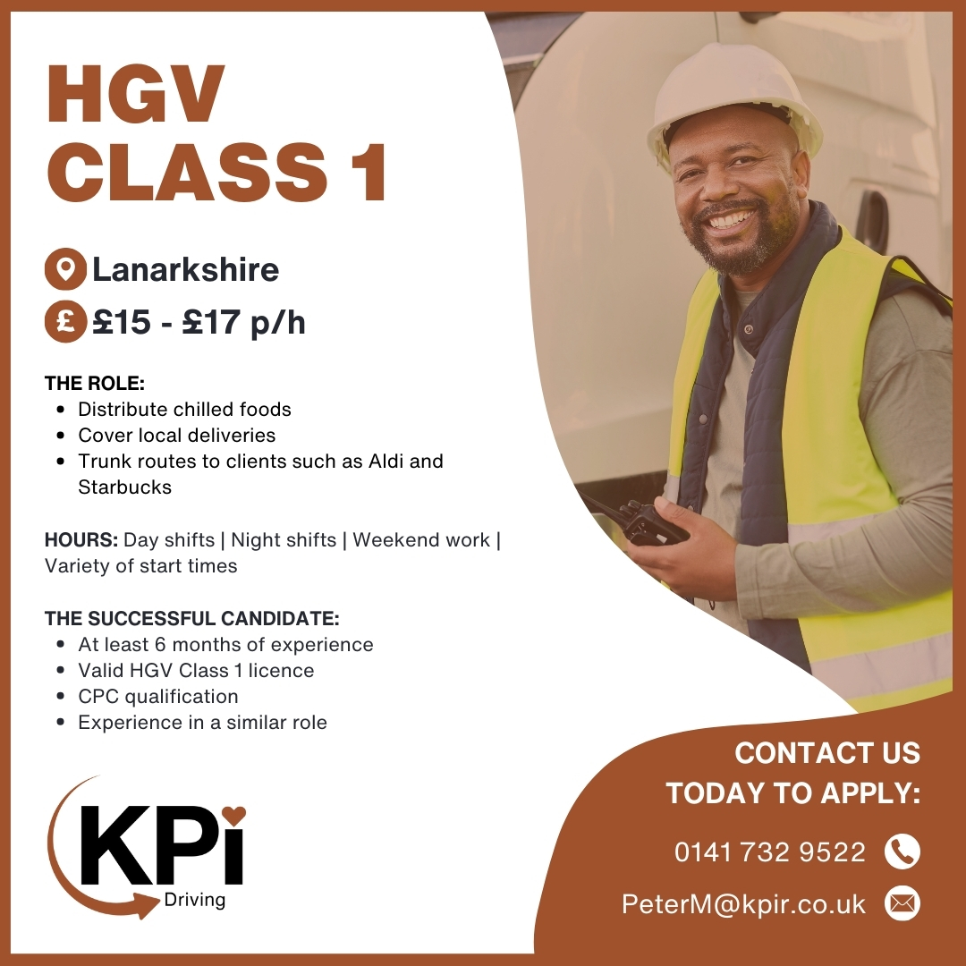 **HG1 CLASS 1 DRIVER** Lanarkshire. £15 - £17 p/h

Call 0141 732 9522 or email PeterM@kpir.co.uk to apply.

Visit bit.ly/C1DLan to find this job & MORE!

#Class1 #HGVDriver #DriverJobs #DrivingJobs #DeliveryJobs #GlasgowJobs #LanarkshireJobs #KPIRecruiting