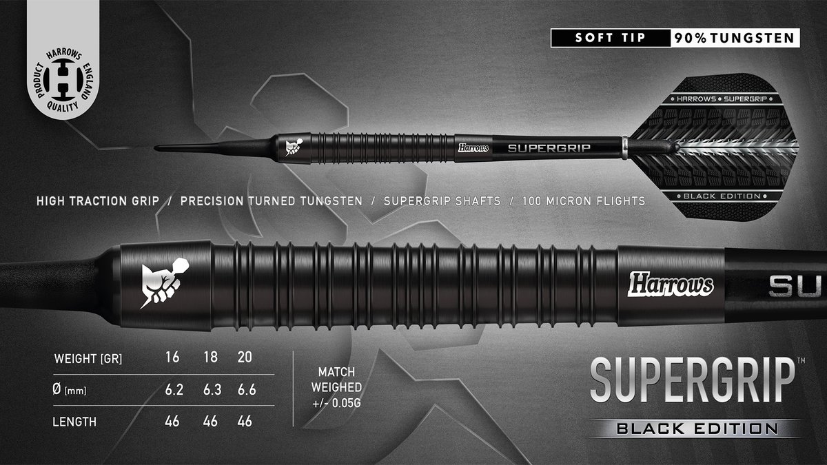 The much loved Supergrip 90% dart has been given a striking new look! • Premium 90% tungsten • Original Supergrip specifications • Front loaded barrel • Black titanium nitride coating #BlackEdition #MadeInEngland