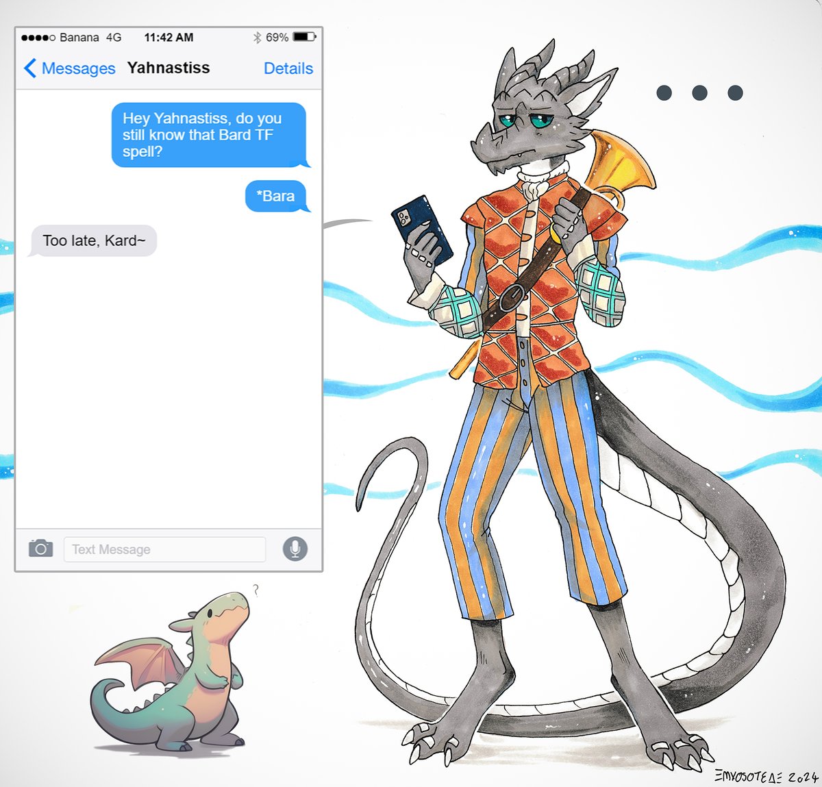 Kardukk was ready to text his way to a more muscular reality, but autocorrect intervened, leading the grey kobold knight down a different path. 🎶 Eh, Bard is a good class in BG3 anyway! xD Trad' artwork on the right 🖌 © @Myosotea @ #Faun4 Additions on the left 🖌 © Me ;p