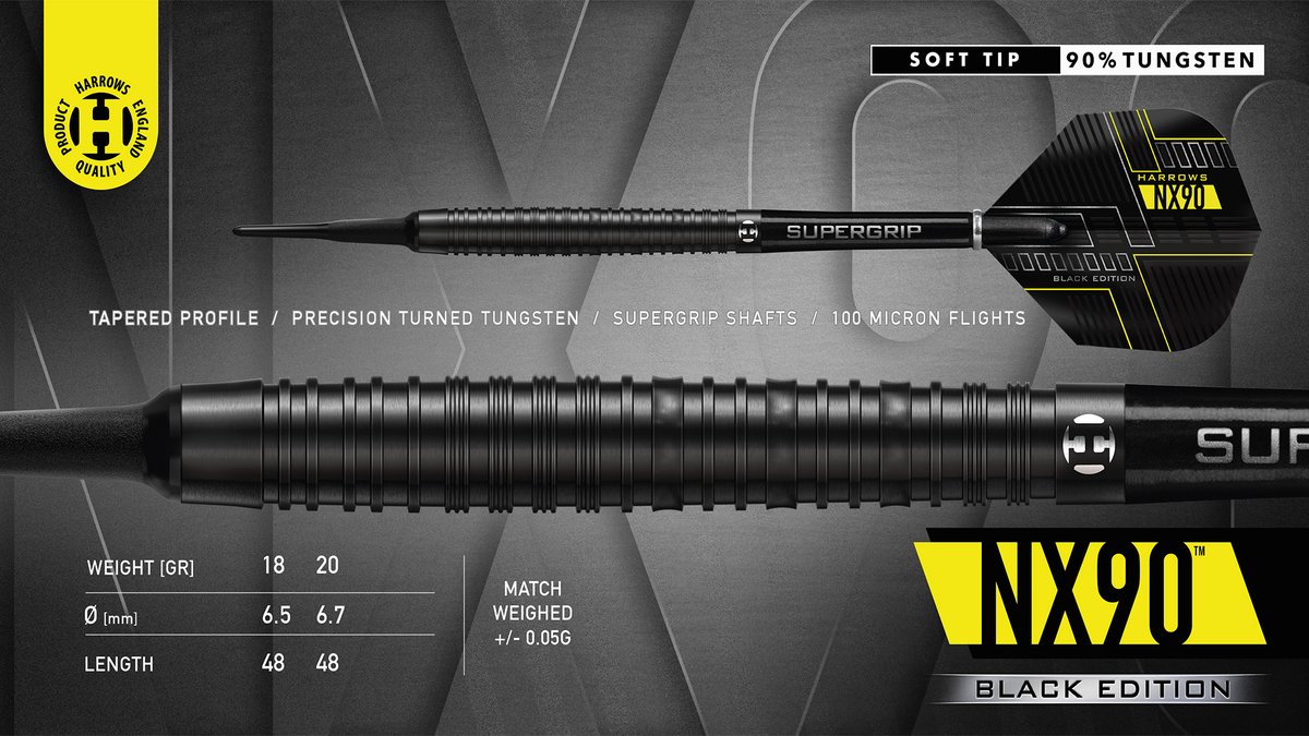 The NX90 has quickly become one of the most popular tungsten darts in our range, now it is available in black!  

• High quality 90% tungsten
• Original NX90 specifications
• Front loaded, tapered rear
• Black titanium nitride coating

#BlackEdition #MadeInEngland