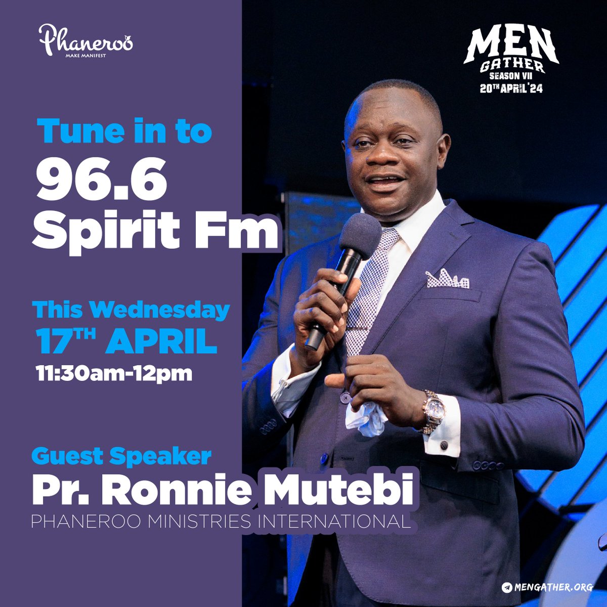 📻Tune in to 96.6 @Spiritfm966 with Pastor Ronnie Mutebi THIS MORNING from 11:30AM - 12PM EAT. #MenGatherVII #ThePriest