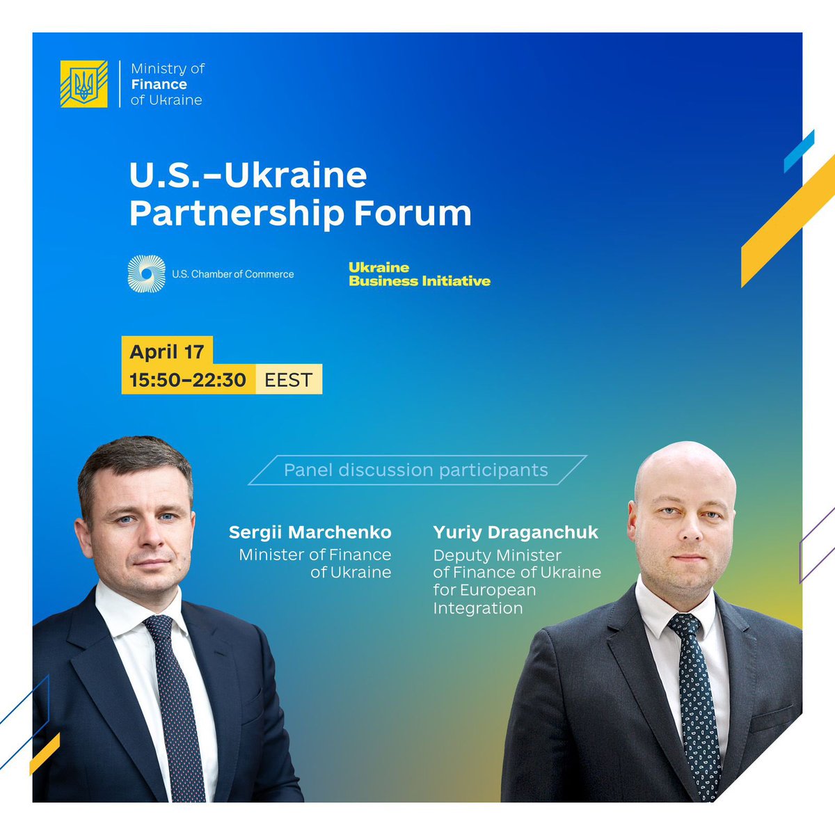 🇺🇦🤝🇺🇸 Today, the US-Ukraine Partnership Forum will be held with the participation of Minister of Finance @SergiiMarchenk3 and Deputy Minister Yuriy Draganchuk. 🕛 April 17, 15:50 - 22:30 Kyiv time. 🔗 Join live: surl.li/srfat