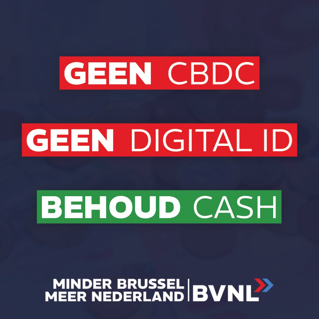 #BVNL wil dat Nederlanders in vrijheid kunnen leven zonder door de overheid gevolgd te worden. Daarom willen we geen Digitale Europese Identiteit, geen CBDC, geen monitoring van financiële transacties boven de honderd euro en het behoud van cash geld.