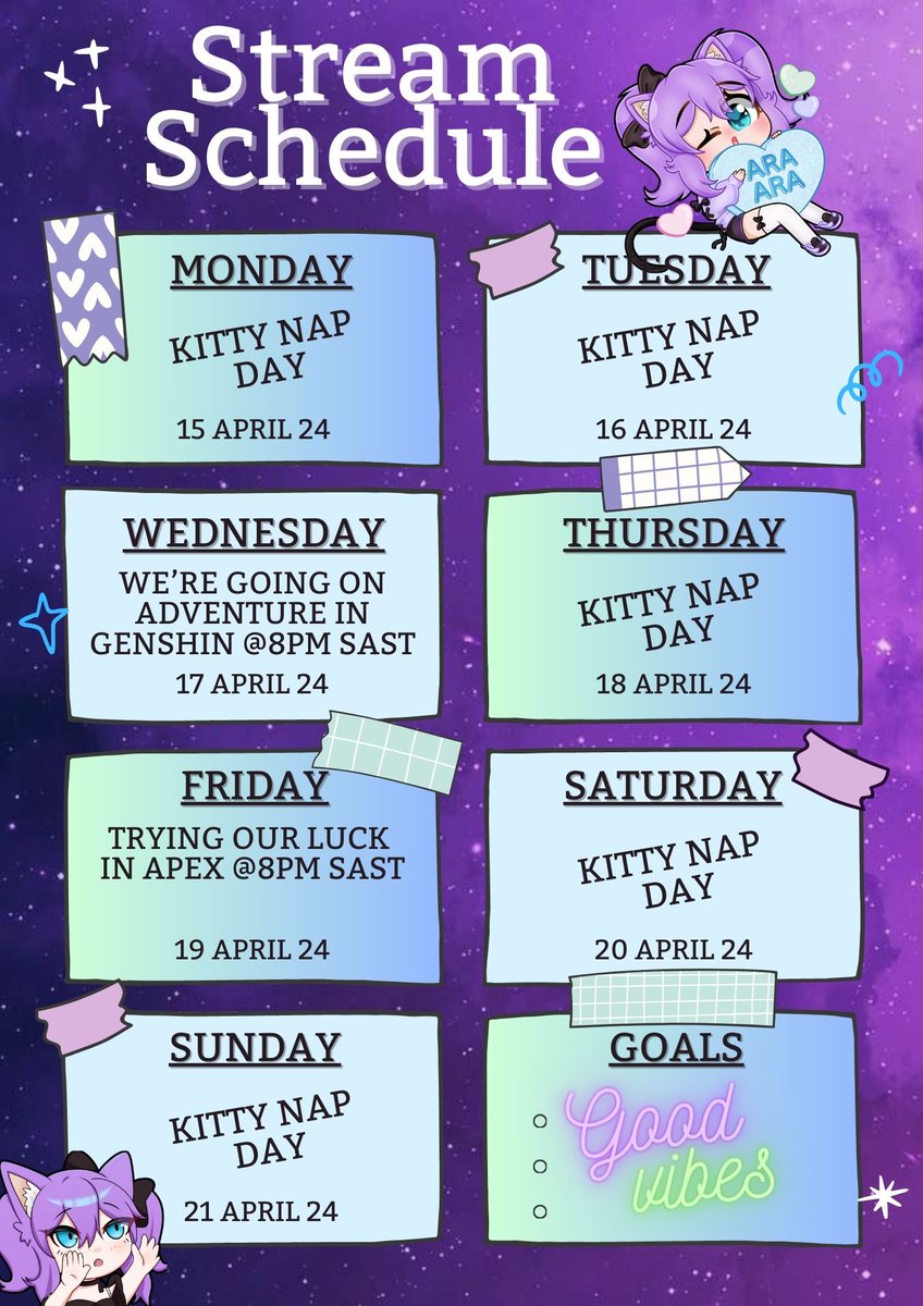 Good morning everyone! We have a #STREAMING schedule for this week🤣🤭a little late but it's here😜 I'll be starting stream a little earlier in the evenings this week for you guys, so I will see you lovely minions at 8PM SAST for an epic adventure in #genshintwt😊 Love Kitt❤️