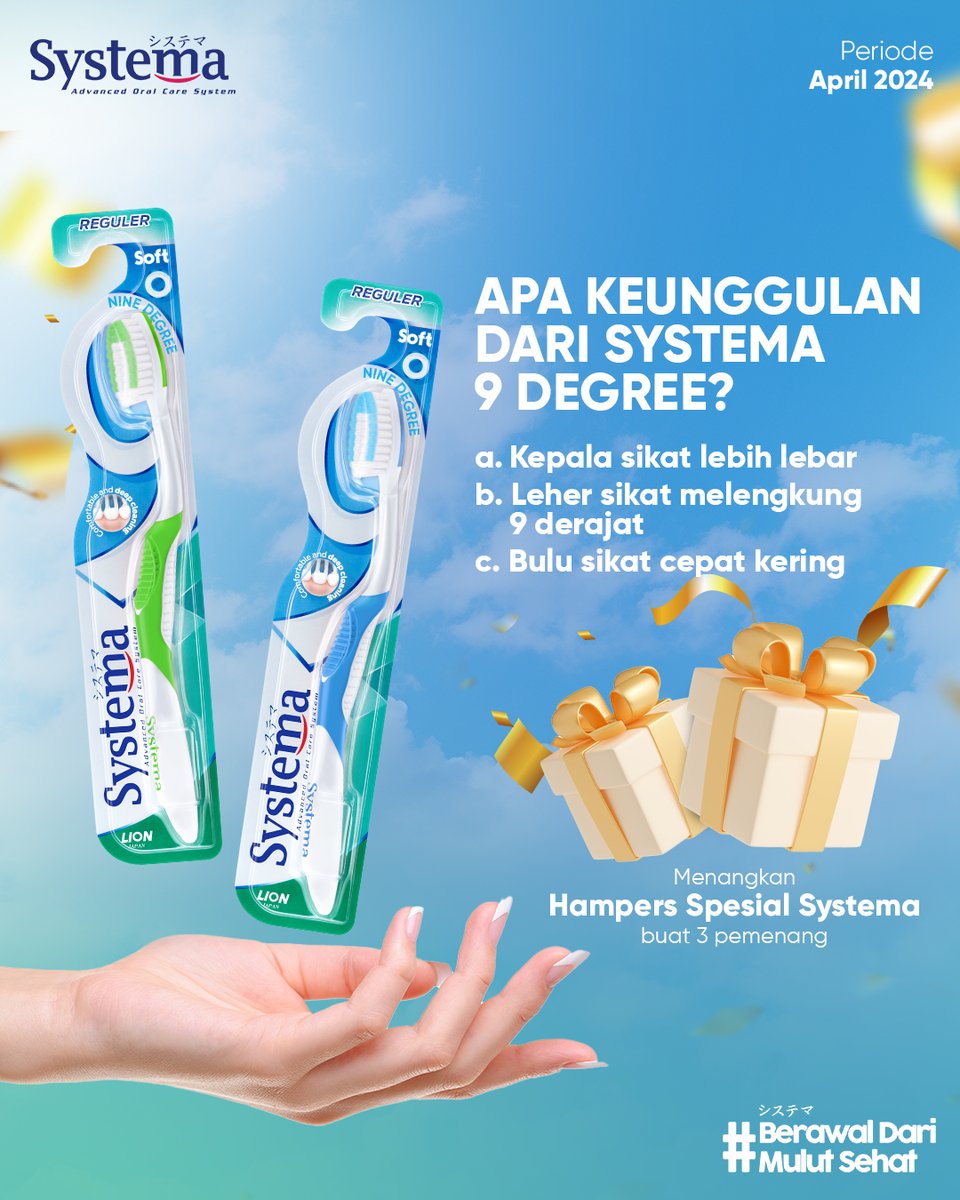 Buat Systemate yang tahu keunggulan dari Systema 9 Degree bisa berkesempatan dapetin hadiah OVO total Rp150 ribu buat 3 pemenang, lho! Buruan ikutan sebelum tanggal 26 April 2024 ya! #BerawalDariMulutSehat #Systema #OralCare #Giveaway