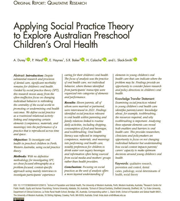 Social practice theory shifts the focus away from individual behaviour change to the social world we inhabit 

How? and Why? might we apply social practice theory to children’s oral health

Always a pleasure to work with <a href="/lindaslacksmith/">Linda Slack-Smith</a> Angela Durey <a href="/CalacheHanny/">Hanny Calache</a> &amp; team

Open