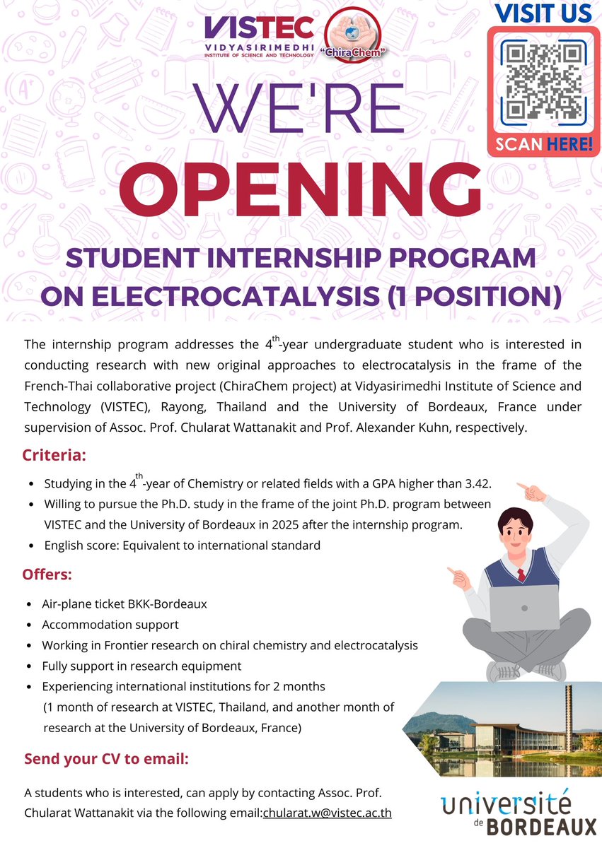 Good NEWS for 4th-year undergraduate student 😃 
We are opening for the joint internship program between VISTEC and University of Bordeaux. (Thailand 🇹🇭& France 🇫🇷) We offer research support 1 month in VISTEC and another month in Bordeaux.  
#internshipprogram #VISTEC #Bordeaux