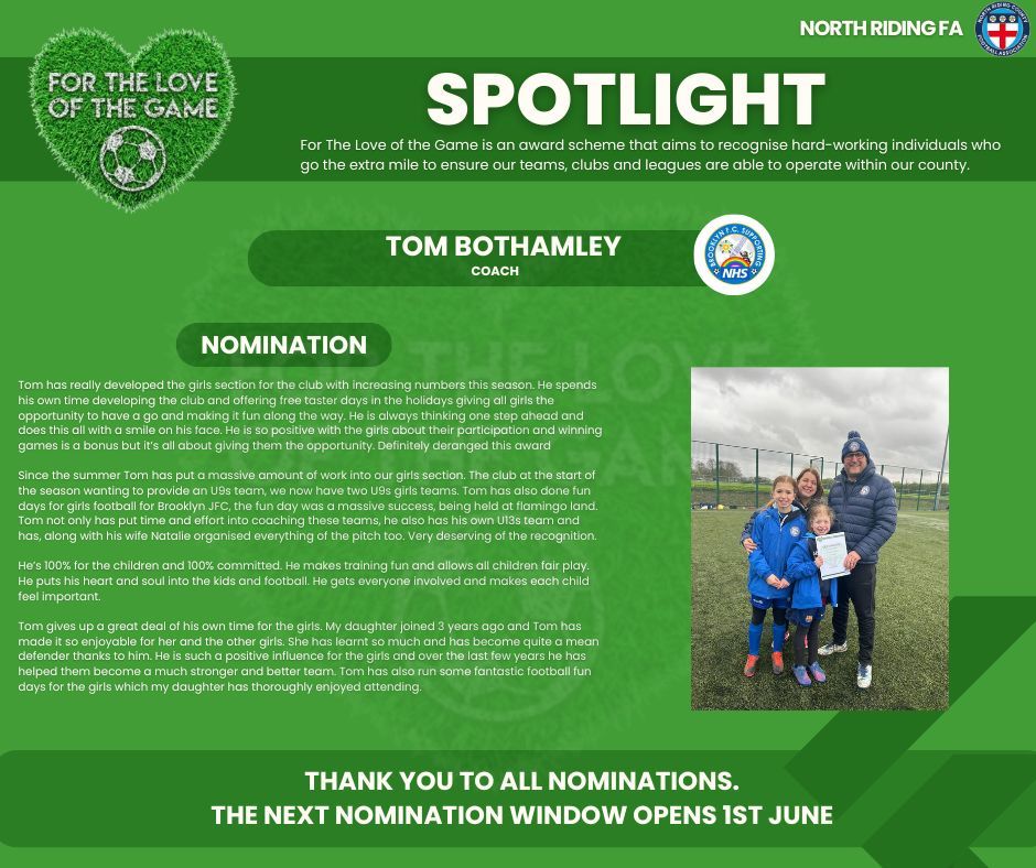 WINNER 🎉 Huge congratulations go to our latest For The Love Of The Game winner, Tom Bothamley of @BrooklynJFC 👏 Take a look at why Tom is our latest winner, below. Thanks to everyone for their nominations, with the next window for nominations opening on 1 June!
