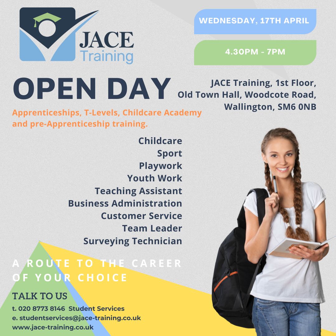 Today is our JACE Open Day - come along between 4.30pm and 7pm to chat to our team about your next steps! #SEEYOUTHERE  #apprenticeships #openday #wallington #carshalton #sutton #schoolleaver #college #careeradvice #students