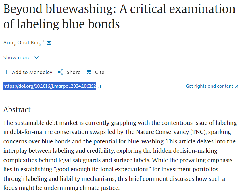 Here is my new research on the interaction of labeling blue bonds, fictional expectations, and climate justice! 
doi.org/10.1016/j.marp…
For full access to the article: authors.elsevier.com/a/1ixSu,714Mun…
