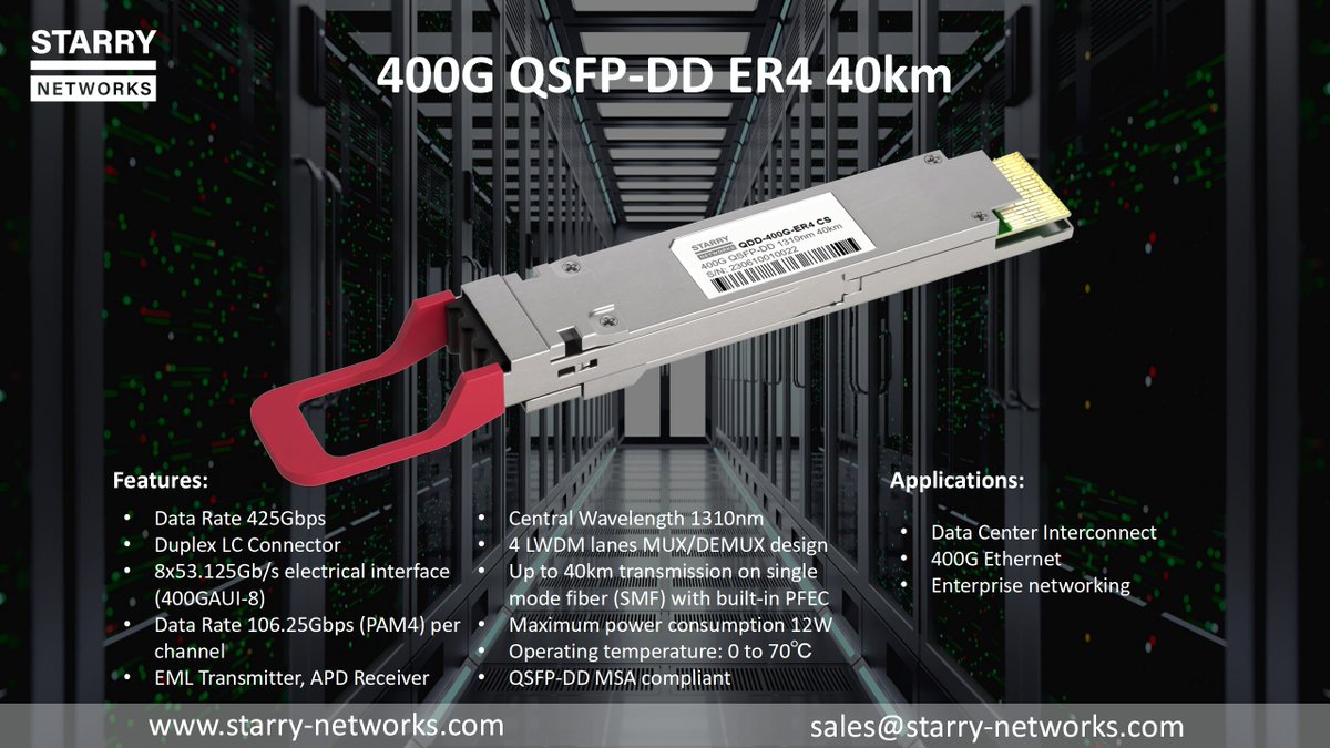 StarryNetworks's tweet image. 🚀 Introducing our 400G transceiver: the 400G QSFP-DD ER4 40km! 💡 Pushing the boundaries of data transmission with unparalleled speed and reliability. Upgrade your network infrastructure today! 
#Networking #Transceiver #Optics #400G #QSFPDD #Connectivity 🌐