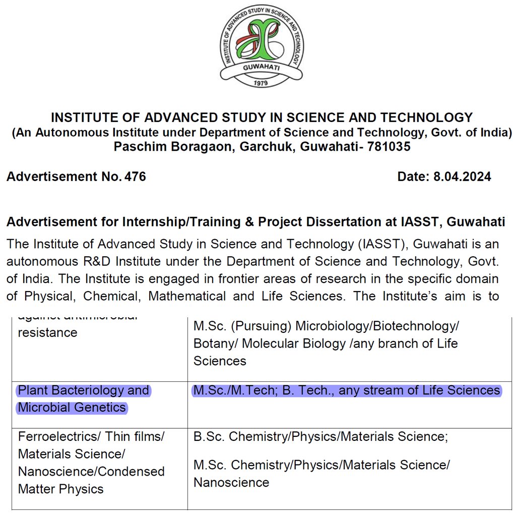 SheoS_Pandey's tweet photo. Explore the chance for an Internship/Training (2 Months) &amp; Project Dissertation (6 Months) at IASST, Guwahati.
Interested in "Plant Bacteriology and Microbial Genetics" research? we welcome your application through the IASST website.
Link: https://t.co/6lODuf6Kzd" https://t.co/rtQ1I14ClX