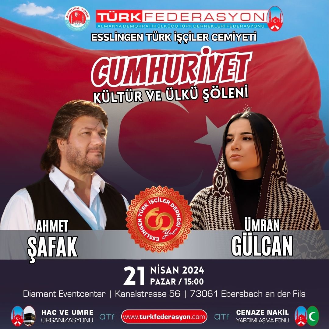 Türkiye Sevdalıları; “CUMHURİYET” Kültür ve Ülkü Şöleninde ESSLINGEN Teşkilatımızın ev sahipliğinde buluşuyor. 📆 21 Nisan 2024 Pazar ⏱️ 15:00 🎪 Diamant Eventcenter 📍Kanalstr. 56 73061 Ebersbach a.d.F. #AvrupaTürklüğü