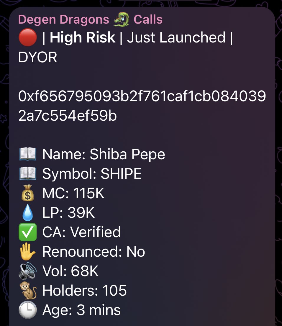 DegenDragonsBot's tweet photo. Market may be down but our Signals Bot will continue to find those Bullish Plays 🐉

$SHIPE  $115K MC -> $392K MC (3X+)
$ETR       $24K MC -> $2.3M MC  (90X+)
$REC       $73K MC -> $1M MC       (12X+)

🐉 DDG Signals Bot is free for a limited time: https://t.co/ygYgO6Kc2C 🐉 https://t.co/HKCbjaKX9B