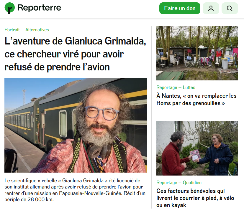 Reporterre's tweet photo. Aujourd'hui sur https://t.co/2H2WXs7LIO : 

🚂 L’aventure de Gianluca Grimalda, ce chercheur viré pour avoir refusé de prendre l’avion @arkokabi 

🐸 À Nantes, « on va remplacer les Roms par des grenouilles »

🚤 Ces facteurs bénévoles qui livrent le courrier à pied, à vélo ou en kayak