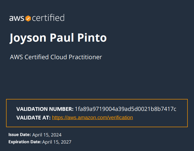 Joysonpinto77's tweet photo. Thrilled to announce I am now AWS Cloud Certified Practitioner certified! #aws #cloud #certification #cloudcomputing #itcertification #learning #challenge #cloudjourney #careergoals #awsjobs #cloudprofessional #itcareer #awspractitioner #awscloudpractitioner #cloudpractitioner https://t.co/vD96xuXlWu