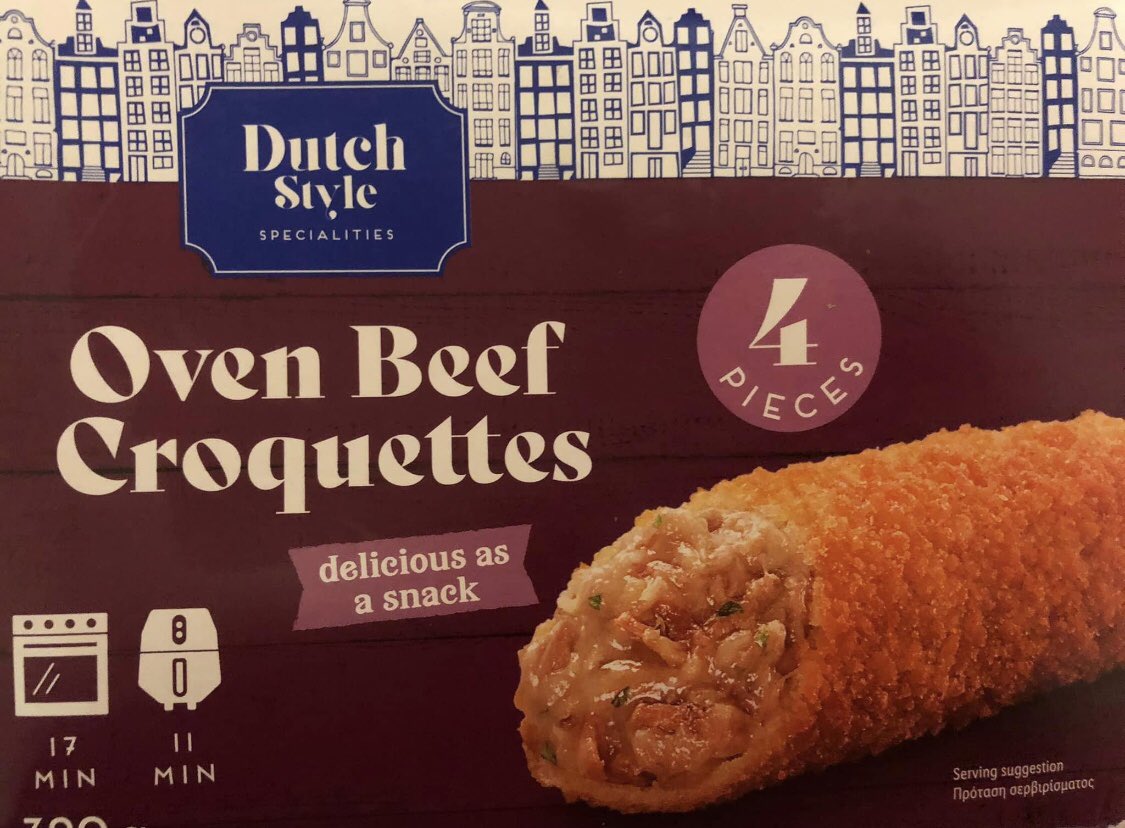 Doubledutchie's tweet photo. @LidlGB Hi. I bought the ‘Dutch style’ croquettes last week.  I can’t see a country of origin on the packaging. Where were they made and where did the beef originate from? Thanks. Connie https://t.co/xerOJjwR6R