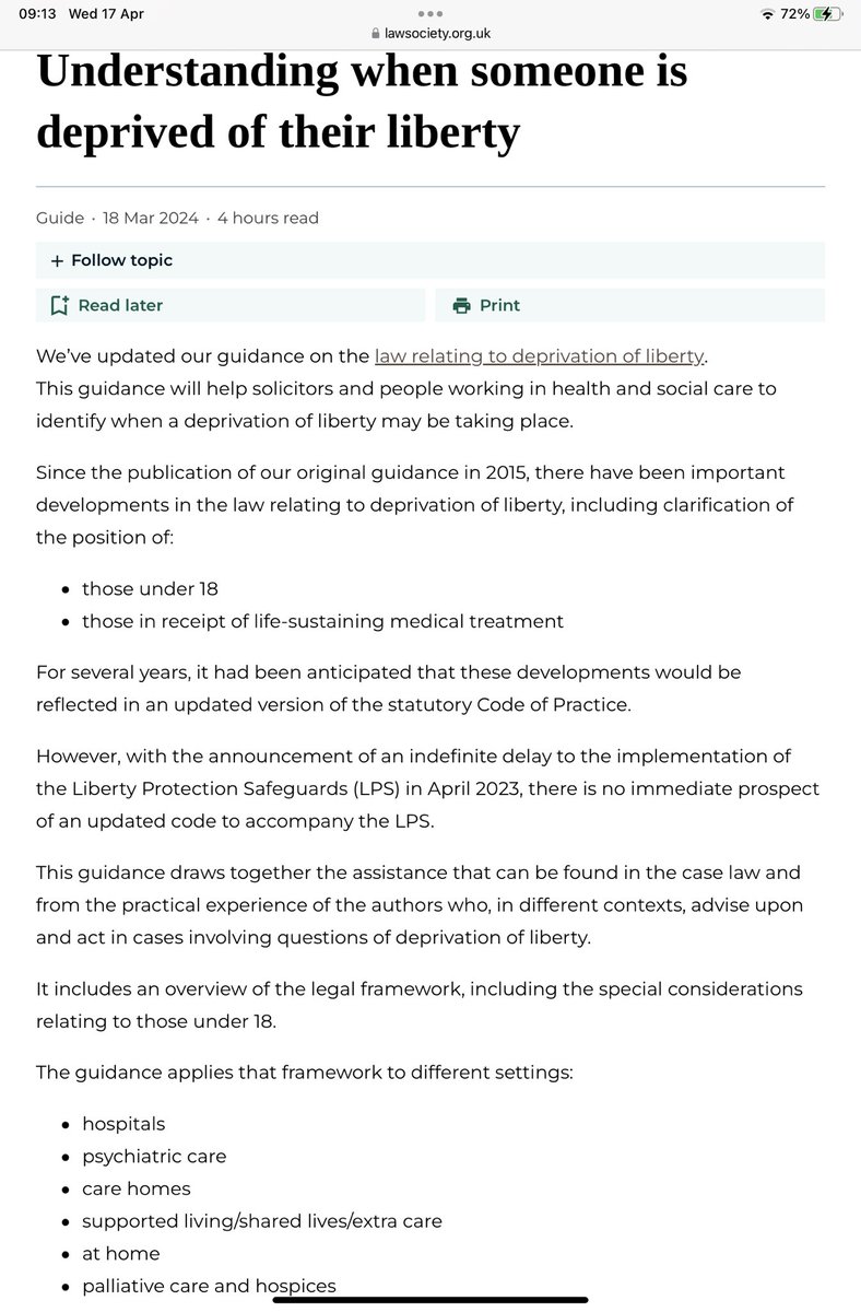 Health & Social Care Professionals will find this updated #DeprivationOfLiberty guidance applicable to all ages ‘Understanding when someone is deprived of their liberty’ from @TheLawSociety useful lawsociety.org.uk/topics/private…