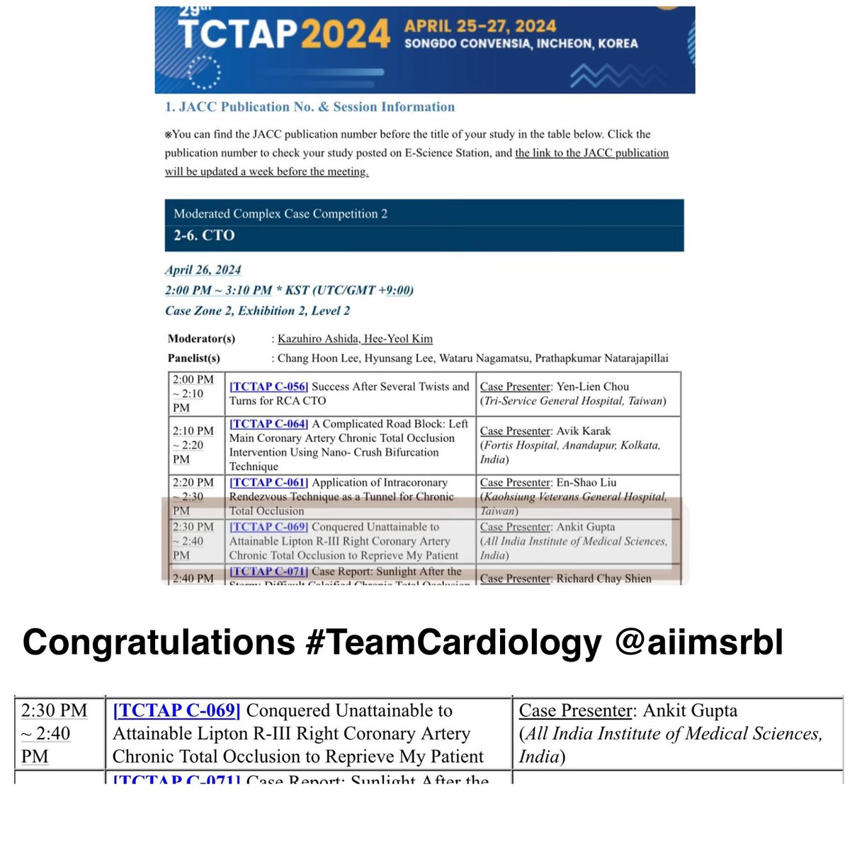 'No one can whistle a symphony. It takes an orchestra to play it.' Congratulations to Team Cardiology @aiims_rbl CTO case in TCTAP 2024 on 26th Apr @PCRonline @TCTMD @crfheart #Cardiology #CardioTwitter #Raebareli #TeamCardiology @MLCTOAcademy #PMO