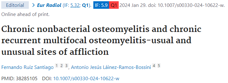 🔬#ProducciónCientífica @hospital_hvn @ibsGRANADA: 

'Chronic nonbacterial osteomyelitis and chronic recurrent multifocal osteomyelitis-usual and unusual sites of afflic…' #DifundeCiencia #HUVNdivulga #HUVNinvestiga #ibsGRANADA

pubmed.ncbi.nlm.nih.gov/38285105/
doi.org/10.1007/s00330…