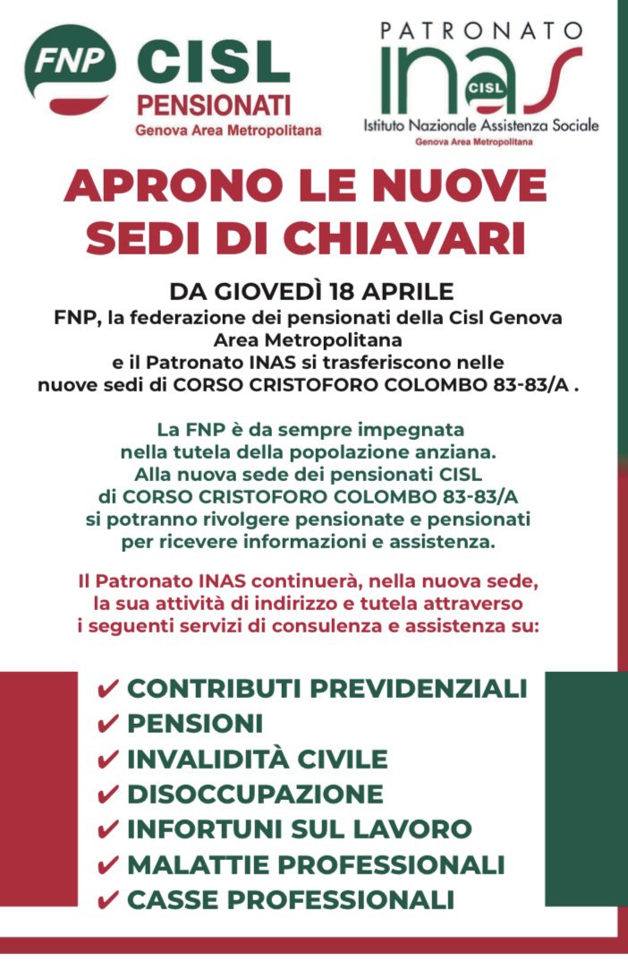 Giovedì 18 aprile alle 10 inaugurazione a Chiavari nuove sedi FNP CISL e Patronato INAS in Corso Cristoforo Colombo 83-83/A alla presenza Responsabile FNP Cisl Genova Area Metropolitana Ettore Torzetti e Direttore Regionale Patronato INAS Nicola Bottaro. @FnpCisl @InasCisl