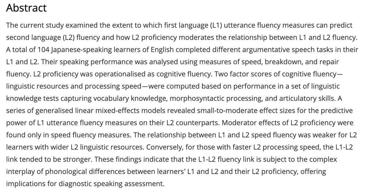 JSLARF20XX's tweet photo. 🌸Publication alert🌸
Suzuki, S., &amp; Kormos, J. (2024). The moderating role of L2 proficiency in the predictive power of L1 fluency on L2 utterance fluency. Language Testing. https://t.co/SSmpgujhhW
Congratulations, @shungosuzuki ! https://t.co/4whCwtVd2Q
