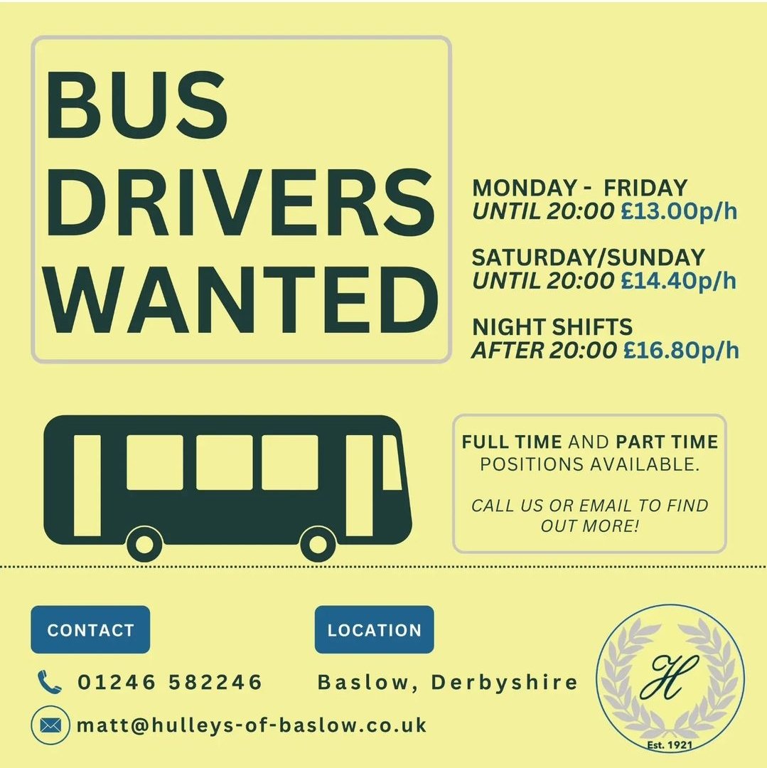 We’re looking for reliable, friendly, and punctual drivers to join our friendly team in Baslow… 🚍🌳

Full and part-time positions available. 

If you’re interested, please call 01246582246 or email traffic@hulleys-of-baslow.co.uk for more information.
#derbyshirejobs #hulleys