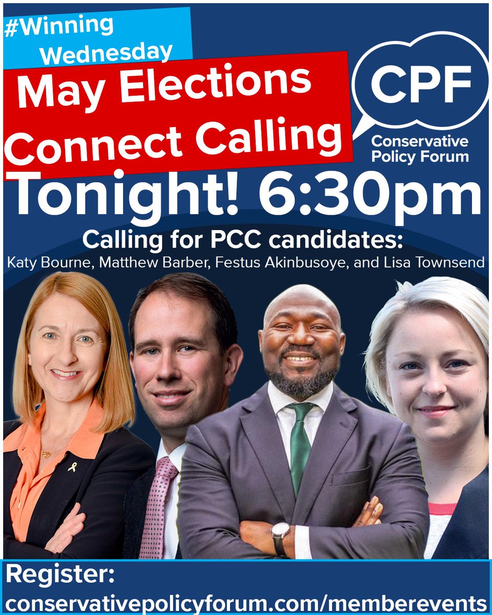 Don't forget to register for our connect calling session tonight! 🗣️☎️ calling for @KatyBourne @matthew_barber @Fest4BedsPCC @_Lisa_Townsend and @ChrisNelsonPCC Join and help support our PCC's 👮👮‍♀️: conservativepolicyforum.com/event-details/… . . . @JohnPenroseNews @pennyanneod @FleurButler1
