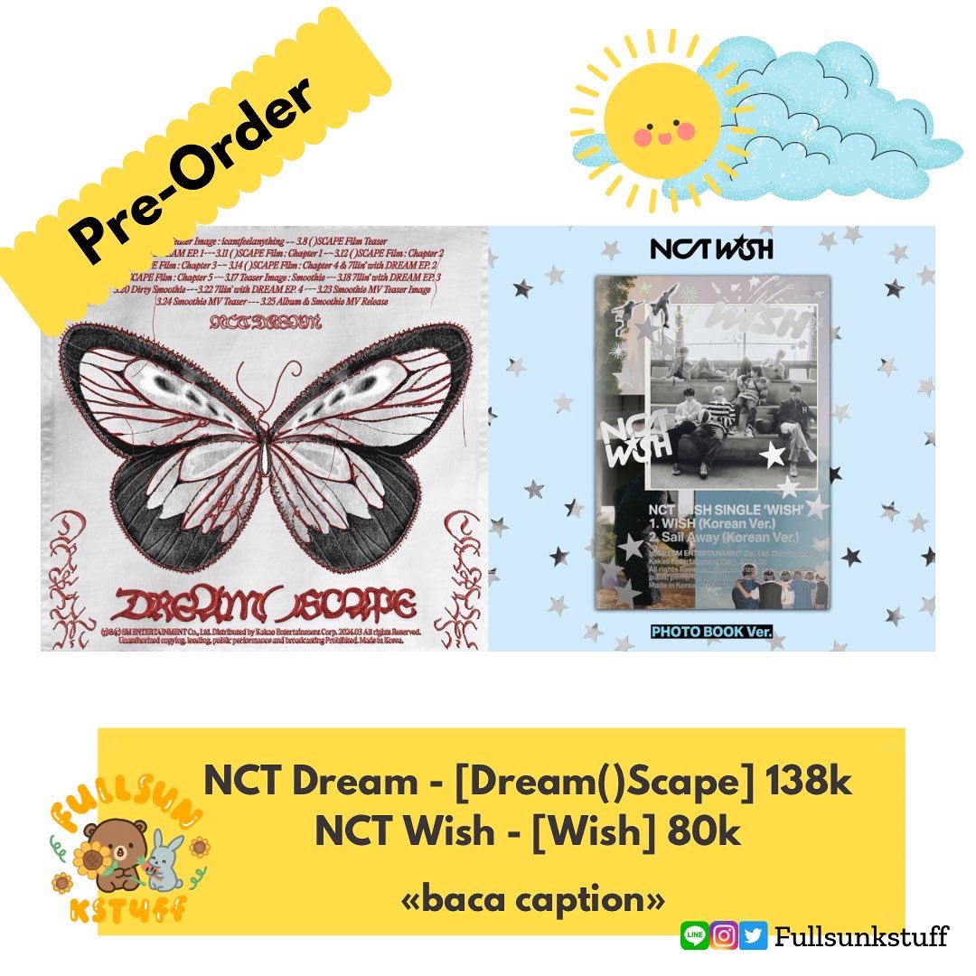 fullsunkstuff's tweet photo. (Pre-Order) NCT DREAM Mini Album - Dream()Scape &amp; NCT WISH Single Album - Wish 

✨NCT DREAM
• Photobook Ver. Est 138k | DP 50k/75k (pilih versi)

Order > 5 pcs pot. 3k/pcs

✨NCT WISH
• Photobook Ver. Est 80k | DP 25k/50k https://t.co/LBFgrJQH3v