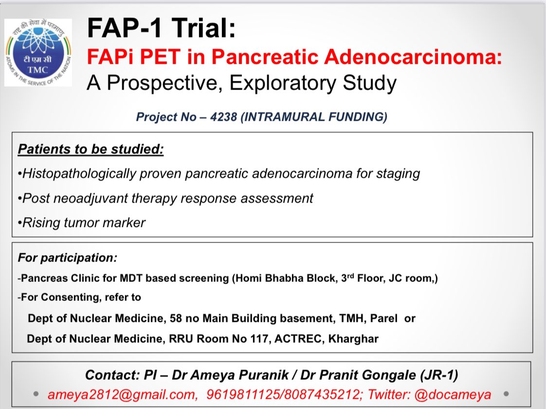 Fibroblast Activation Protein inhibitor (FAPi) PET in pancreatic ductal adenocarcinoma.. Recruitment begins for FAP-1 trial… @TataMemorial @Shrikhande_SV @Manishbhandare4 @DrVAChaudhari @VikasO @VikasO @AnantRamaswamy @bhargava611 @Indraja28_11 @nilenducp