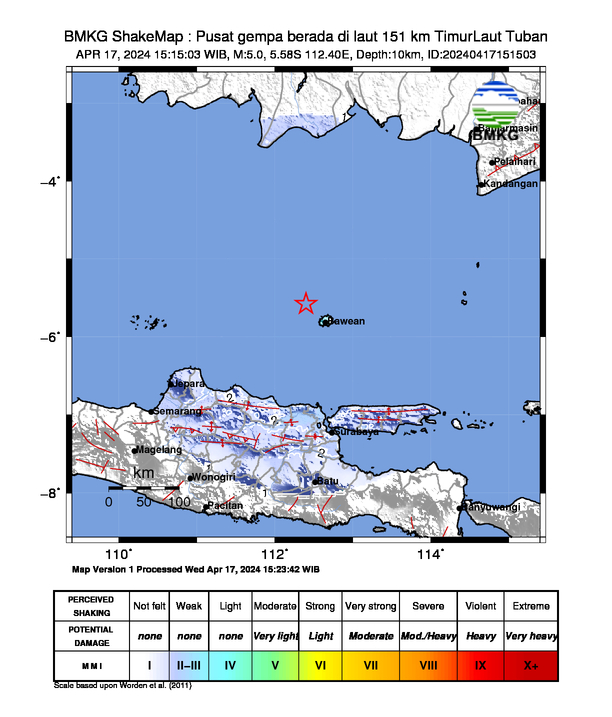 #Gempa (UPDATE) Mag:5.0, 17-Apr-24 15:15:03 WIB, Lok:5.58 LS, 112.40 BT (Pusat gempa berada di laut 151 km TimurLaut Tuban), Kedlmn:10 Km Dirasakan (MMI) II-III Bawean #BMKG