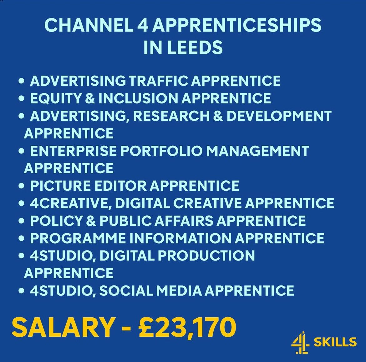 Apply by April 22nd via @Channel4Skills. Opportunities across the country. #tvjobs #lovingyourwork Follow for more tv jobs.
