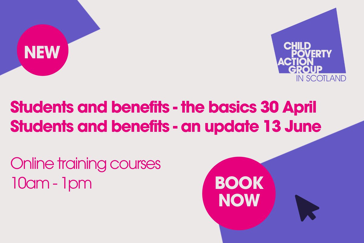 Do you work with lone parent students, disabled students, carers or other low-income students in Scotland? We have 2 courses coming up that will be useful to you. More info and booking here cpag.org.uk/training-and-e…