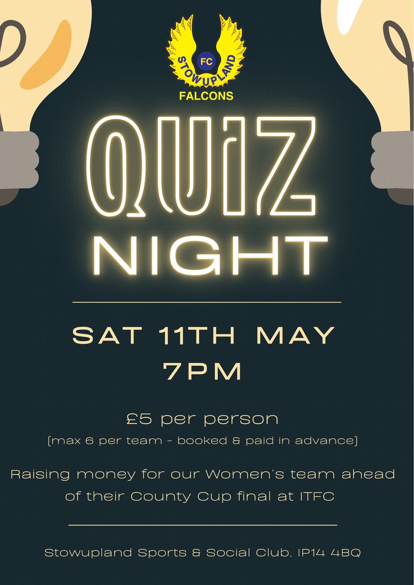 💡 🧠 Test your knowledge and join us on 11th May for our quiz night fundraiser, as we raise money for our Women’s team ahead of their County Cup final at the home of ITFC! Only a limited amount of space for teams, so please get in touch to book and pay for your team’s place.