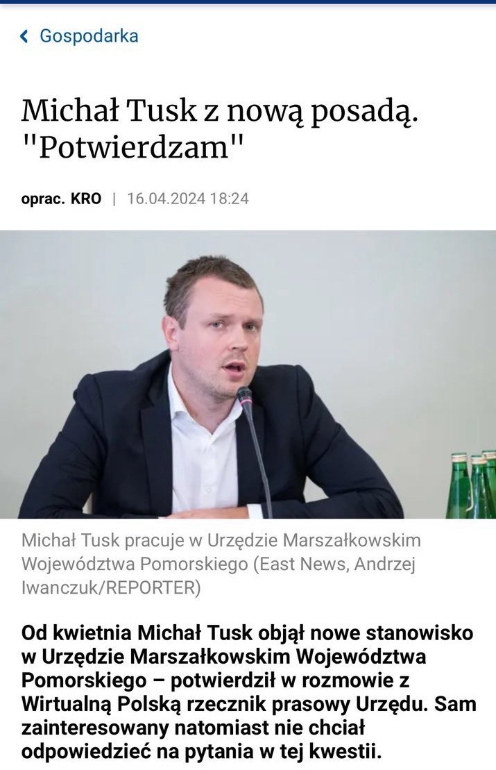 r_gadekr's tweet photo. Czy premier @donaldtusk już się wściekł? (że się prasa dowiedziała).
Tydzień od wyborów i cyk, syn premiera ma państwową posadę. 
Tak się PDT bał posądzenia o nepotyzm gdy zwalniał ekspertkę Marię Thun z jednego z departamentów w ministerstwie.

Podwójne standardy jak w PiS. https://t.co/TDixbWVi15